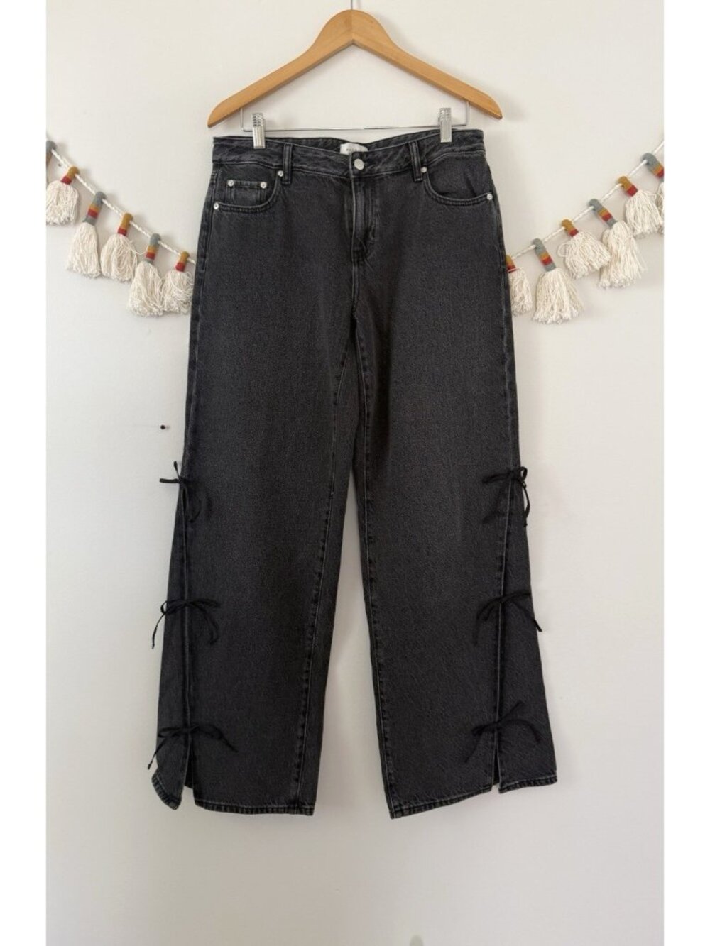 Pacsun Casey Low Rise Baggy Jeans Bow Ties Black Straight Leg Dark Denim 28